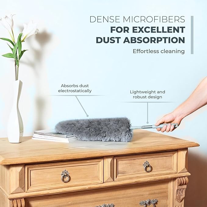 Extendable Feather Duster, Microfiber Duster, Ceiling Fan Duster, Feather Dusters for Cleaning, Dust Cleaner, Cobweb Duster - Electrostatic Bendable Head - up to 55 Inch