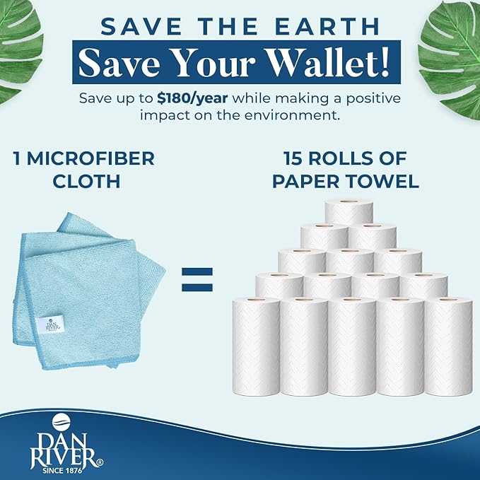 DAN RIVER 12-Pack Blue Microfiber Towels – Ultra Absorbent, Lint-Free & Streak-Free Cleaning Towels for Home, Car & Kitchen - Must-Have Cleaning Essentials - 12" x 12"