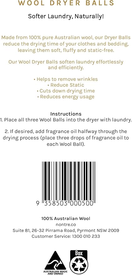 Nontre, Wool Laundry Dryer Balls, Shortens Drying Time, Reduces Energy Usage, Eliminates Residue from Fabric Softeners, 100% Australian Wool, 3 Pcs