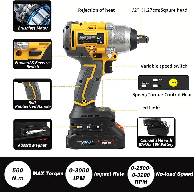 NEWONE Crodless Impact Wrench with 2.0AH Battery, 370 Ft-lbs (500N.m) Impact Gun 1/2 inch,20V Powered Brushless Motor Wrench with 6pcs Drill/Driver Bits,4 Sockets,Charger