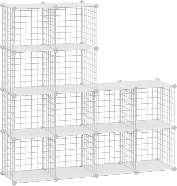 HUBSON Wire Cube Storage Organizer, Book/Toy/Craft/Potted Plants and petCloset Organizers and Storage Shelves, 12-Cube Freely Combinable Metal Grids Storage Shelf,White Plus Iron