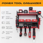 Power Tool Organizer - Wall Mount Storage for Garage Organizes 4 Cordless Drills & Tools - Heavy Duty Rack w Pegboard Sides Shelves & Hooks - Neatly Holds Screwdrivers & Drill Bits RED/BLACK