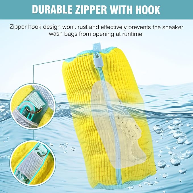 XXL Shoe Washing Machine Bag, 1 Pack Laundry Shoe Bag for Washer and Dryer, Sturdy Zipper with Hook Design, Dry Net Bag Included, Reusable for Sneaker, Tennis, Yellow 1PCS