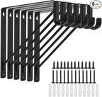 6 Pack Black Closet Rod Bracket 11 x 11 Inch, Heavy Duty Closet Shelf Brackets with Rod Shelving Support,Wall Mount Closet Rod Support Bracket with Screws,Supports 300 lbs