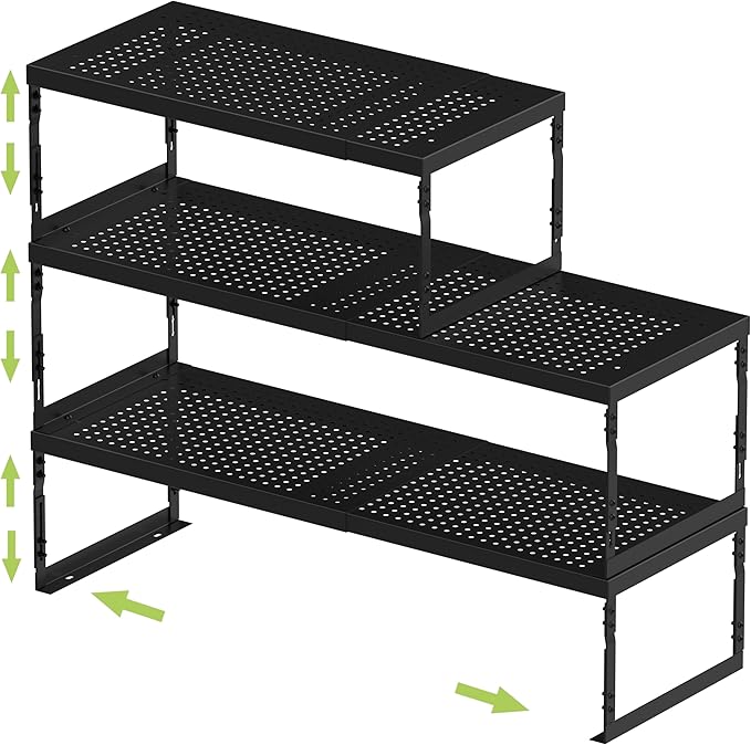 Jojocross Adjustable Stackable Metal Storage Shelf Organizer - Expandable Wire Rack with Perforations for Kitchen, Pantry, Bathroom, Cabinet & Office-Compact, Durable & Sturdy (3PACKS/Medium/Black)