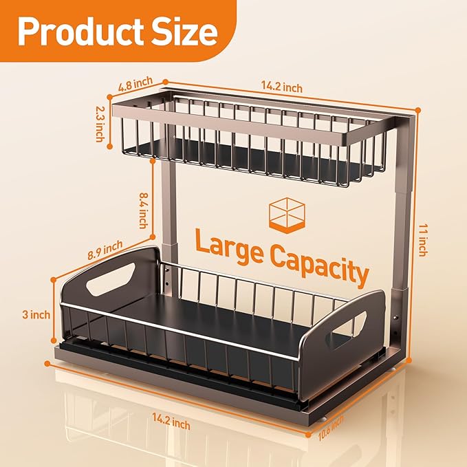Under Sink Organizer 2 Pack,Metal Pull Out Cabinet Organizer Shelf,Kitchen Bathroom Organizers and Storage with Sliding Drawer,Storage Shelves,Storage and organization for Home,Laundry,RV,Pantry,Spice