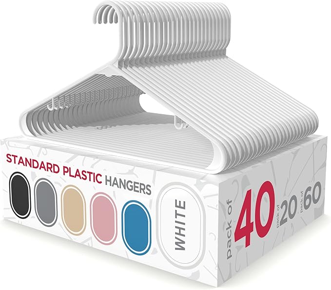 Sharpty Plastic Hangers Clothes Hangers for Clothing, Closet, Coats & Shirts - for Everyday Standard Use, Room Essentials & Basics - 40 Pack - White