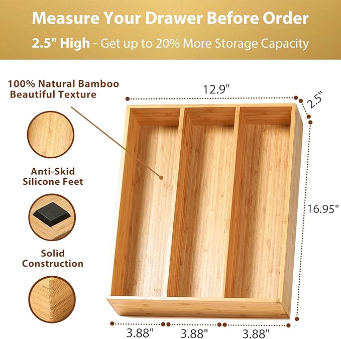 Umilife Bamboo Kitchen Utensils Organizer, 13 Inch Drawer Dividers for Silverware, Extra Deep Holder, with Non-Slip Feet, Wood Caddy for Flatware Cutlery