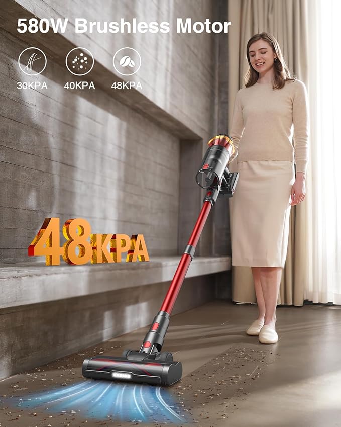 Cordless Vacuum Cleaner,48000Pa/580W/65Mins Vacuum Cleaners for Home,Self-Standing Stick Vacuum with Anti-Tangle Brush & OLED Touch Screen,Vacuum Cleaner for Hardwood Floors and Carpet,Pet Hair,Car