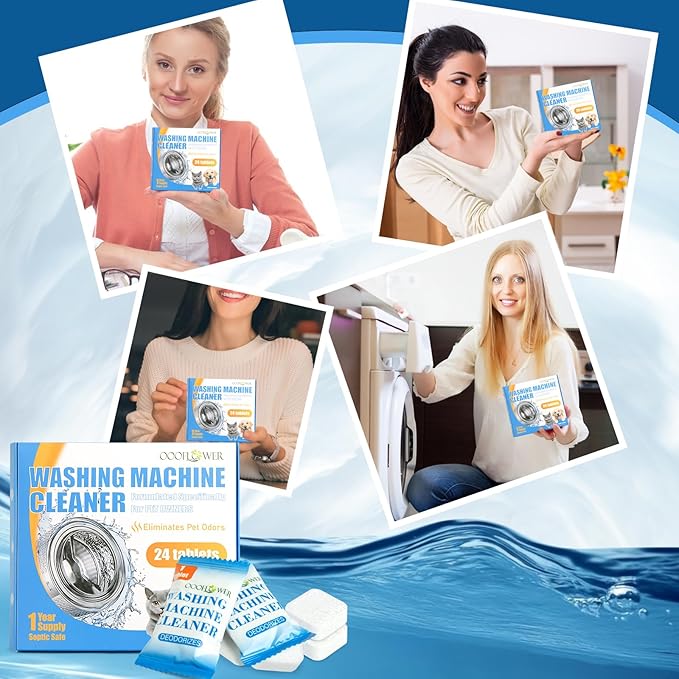 24PC Washing Machine Cleaner Tablets, Formulated for Pet Owners, Pet Hair Remover, Deodorizer, Work with Top & Front Load, HE, Deep Cleaning Descaler, Removes Residue and Odors, Septic Safe