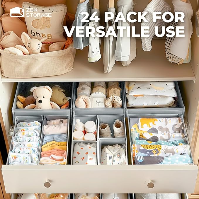 Sturdy Drawer Organizers (24-Pack) - Fabric Dresser Drawer Organizers & Dividers for Nursery Organization, Baby Organizers and Storage for Clothes, Socks & Underwear, Grey