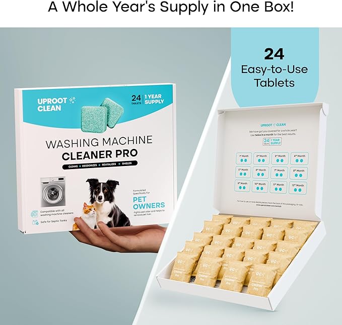Uproot Clean Washing Machine Cleaner Tablets - 24 Pack for a 12 Month Supply. Formulated for Pet Owners. Compatible with HE, Top & Front Load. Easily Removes Residue, Grime, and Odors. Septic Safe.