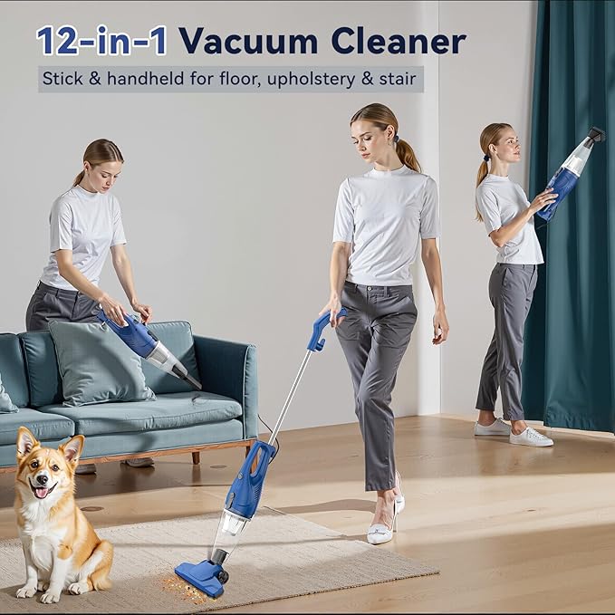 Corded Vacuum Cleaner, 12-in-1 Vacuum Cleaners for Home 15Kpa Power Suction Lightweight Stick Vacuum with Washable HEPA Filter Converts to a Handheld Vacuum for Home, Pet Hair, Carpet, Hard Floors
