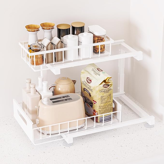2 Pack Under Sink Organizer, 2-Tier Heavy Duty Metal Pull Out Cabinet Organizer Slide Out Sink Shelf Organizer Height Adustable, Multi-Purpose Storage Shelf for Kitchen Bathroom (White, 2 Pack)