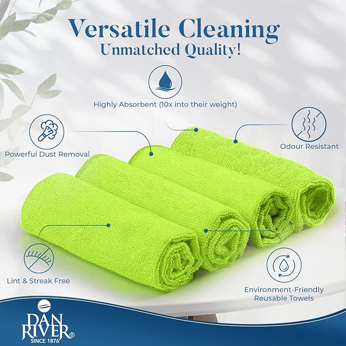 DAN RIVER 24-Pack Green Microfiber Towels – Ultra Absorbent, Lint-Free & Streak-Free Cleaning Cloths for Home, Car & Kitchen - Must-Have Cleaning Essentials - 12" x 12"