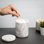 Cork & Mill Marble Bathroom Container with Lid - Holder for Qtip Swabs, Cotton Balls, Pads, Rounds, or Floss Picks - White Apothecary Jar for Q Tips - Canister for Organizing Bathroom Counter Vanity