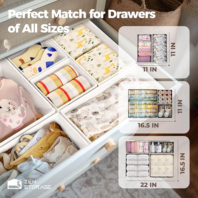 Sturdy Drawer Organizers (24-Pack) - Fabric Dresser Drawer Organizers & Dividers for Nursery Organization, Baby Organizers and Storage for Clothes, Socks & Underwear, White