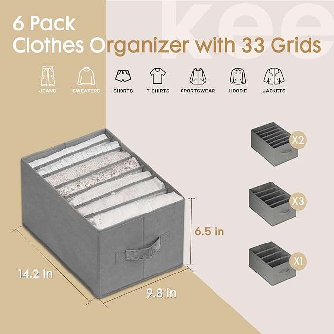 Criusia 6 Pack Large Clothes Organizer, Wardrobe Closet Organizer and Storage with Handles, Foldable Fabric Closet Organizers Dividers for Clothing, Pants, Jeans, Sweater, T-shirts, Grey