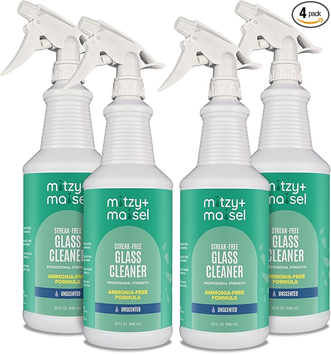 Ammonia Free Glass Cleaner - (4) Four Pack of 32 fl oz Spray Bottles (1 Gallon total) - Non-Toxic Streak-Free Interior Cleaning Spray for Windows, Stovetops, Stainless Steel & More