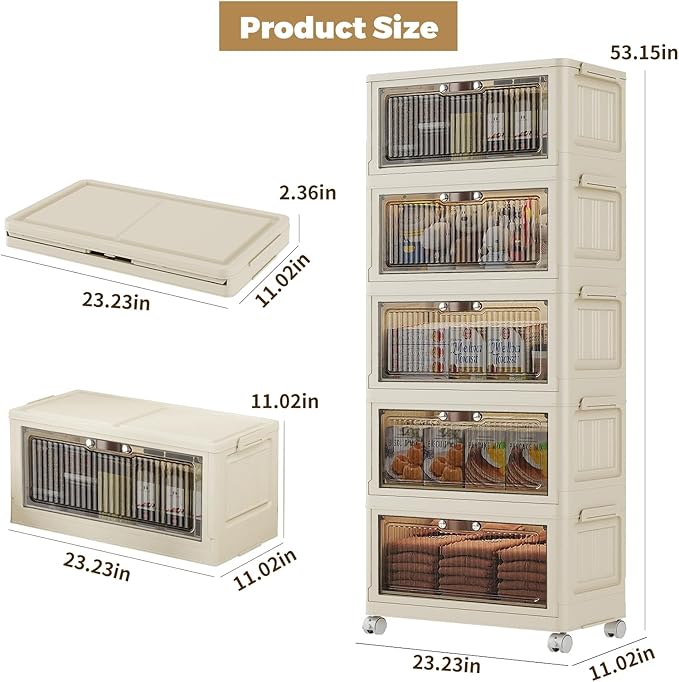 5 Tier - 48QT Storage Bins with Lids, Collapsible Storage Bins with Doors and Wheels, Plastic Storage Cabinet for Easy Storage and Organization for Living Room, Office