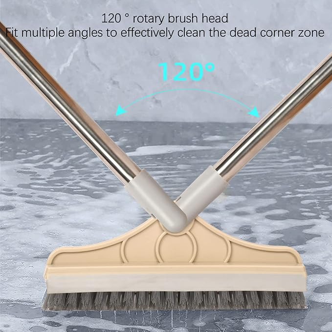 2 in 1 Floor Brush Scrubber with Long Handle Grout Brush 3 Poles 53.5'' New Upgrade Stiff Bristle Cleaning Scrub Brush with Squeegee 120°Rotating Tile Brush for Cleaning Bathroom Glass Patio Kitchen