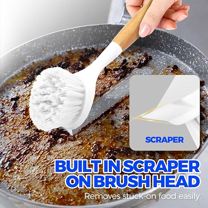 Holikme 3 Pack Dish Brush Set with Bamboo Handle, Kitchen Cleaner for Cleaning Pasta Plate, Salad Bowl, Scrubber with Soft Bristles, Blanco