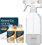 Grove Co. Tub and Tile Cleaner Refill Concentrate (2 x 1 Fl Oz) + 1 x Reusable Glass Spray Bottle (16 Oz) Plant-Based Cleaning Supplies Bundle, No Plastic Waste, 100% Natural Orange & Rosemary Scent