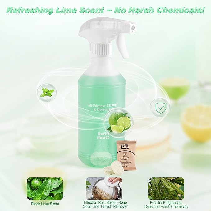 Kitchen Cleaner Spray, All Purpose Cleaner Kit, StoveTop Cleaner, Multi Purpose Cleaner Degreaser Tablets for Multi-Surfaces, Kitchen, Countertops, Ovens, Fresh Lime Scent, No-rinse Formula,192oz