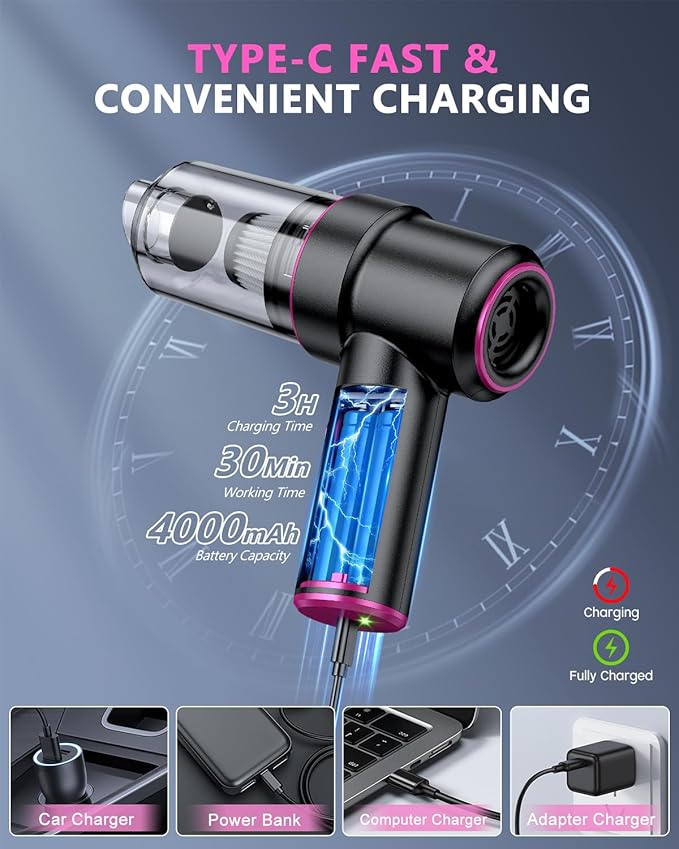 CODN Handheld Car Vacuum Portable Cordless 12000PA, 2 in 1 Handheld Vacuum Cleaner and Air Duster with Multi-Nozzles and LED Light, Mini Hand Held Vacuum Rechargeable for Home, Car, Office, Pet Hair