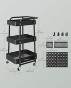 SONGMICS 3-Tier Storage Cart, Rolling Utility Cart, Metal Mesh Shelves, 2 Removable Pegboards, 2 Hanging Holders, 4 Hooks, Craft Cart for Living Room, Kitchen, Office, Bathroom, Ink Black ULRC037B01