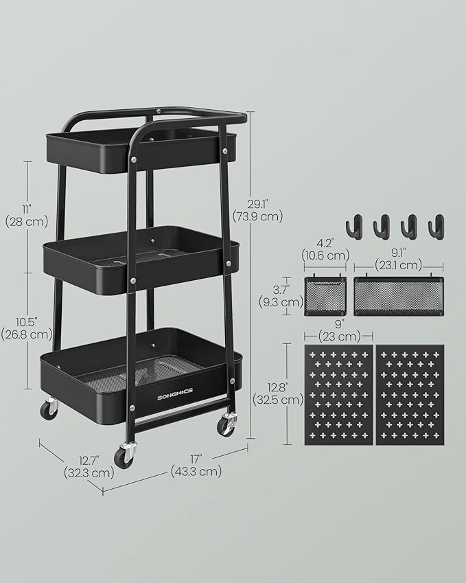 SONGMICS 3-Tier Storage Cart, Rolling Utility Cart, Metal Mesh Shelves, 2 Removable Pegboards, 2 Hanging Holders, 4 Hooks, Craft Cart for Living Room, Kitchen, Office, Bathroom, Ink Black ULRC037B01