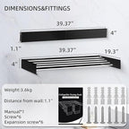 Laundry Drying Rack Collapsible, Wall Mounted Clothes Drying Rack. 39.37" Wide, 19.3 Linear Ft, 5 Aluminum Rods, with Wall Template, Screwdriver Bit (Black 40')