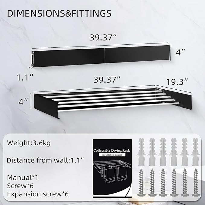 Laundry Drying Rack Collapsible, Wall Mounted Clothes Drying Rack. 39.37" Wide, 19.3 Linear Ft, 5 Aluminum Rods, with Wall Template, Screwdriver Bit (Black 40')