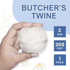 Organic Butcher’s Twine for Cooking & Trussing – 2mm Heavy-Duty Natural Cotton Kitchen Twine 200 Feet – Food-Safe, Oven-Safe String for Meat, Turkey, Baking, & Crafts