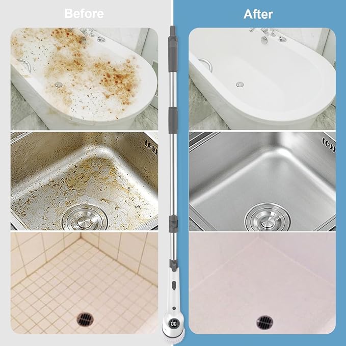 Electric Cleaning Brush, Cordless Electric Spin Scrubber with Long Handle, 3 Brushes, 5 Cleaning Pads, Portable Charging Base