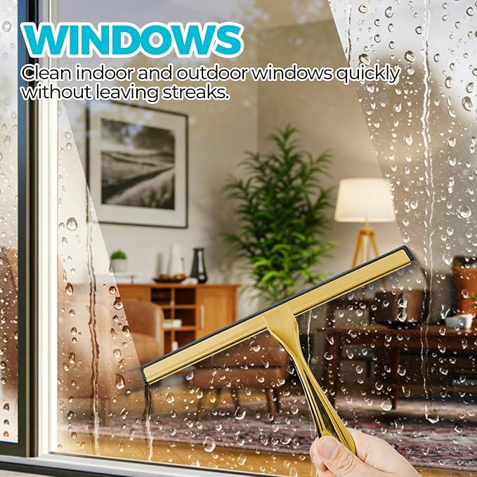 2PACK 9.5-Inch Golden All-Purpose Shower Squeegee for Shower Doors, Bath Linen Sets, Tile Shower Walls, Bathroom, Window, Glass and Car Windshield, Mirrors and Kitchen-Stainless Steel