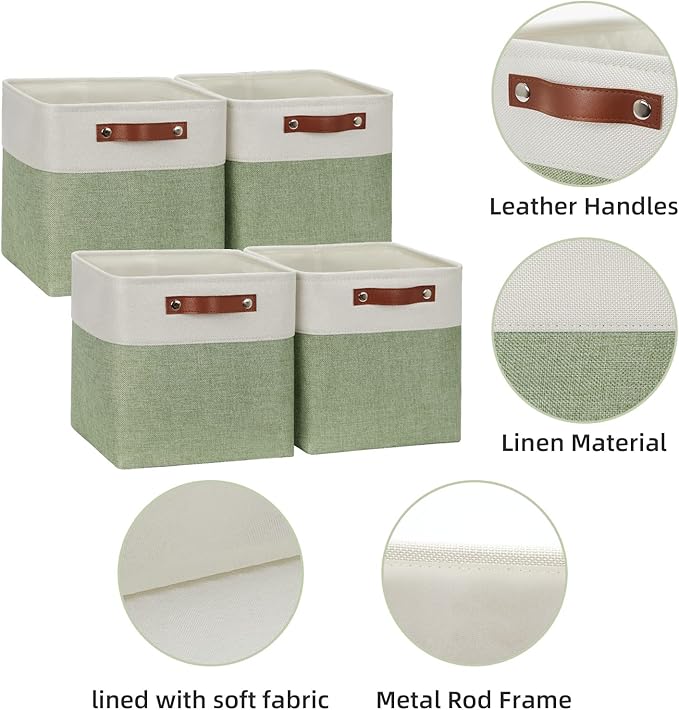 HNZIGE Fabric Cube Storage Baskets Bins Cube Baskets 11x11, Set of 4, Foldable Storage Cube Bin Baskets for Shelves with Handles, Bins for Cube Organizer Home Toy Nursery Closet Bedroom(Green White)