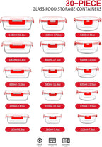 M MCIRCO 30 Pieces Glass Food Storage Containers with Upgraded Snap Locking Lids,Glass Meal Prep Containers Set - Airtight Lunch Containers, Microwave, Oven, Freezer and Dishwasher Friendly, Red