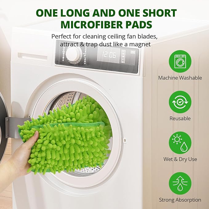 Ceiling Fan Cleaner Duster with 6 Ft/72'' Extension Pole High Ceiling Fan Blade Cleaning Tool Microfiber Duster Reusable Pads for Cleaning Ceiling Fan, Baseboard, Blind, Cobweb, Molding