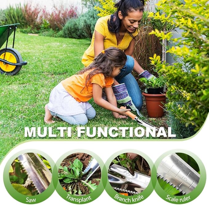 5-in-1 Weed Puller Tool with Wood Handle, Multifunctional 13inch Wooden Trowel Garden Tool, Trowel Garden Tool for Planting Weeding Digging Transplanting Cutting Measuring (1 PCS)