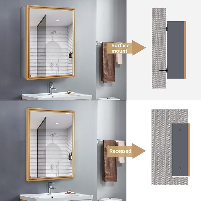 16x20 Inch Bathroom Medicine Cabinet with Gold Framed Mirror – Recessed or Surface Mount Storage Cabinet, Single Door Rustic Farmhouse Design