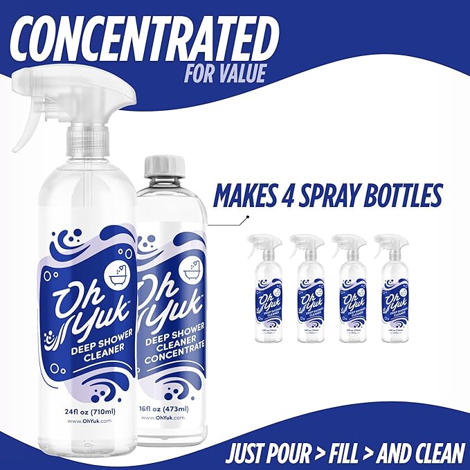 Oh Yuk Deep Shower Cleaner Combo Pack – Includes 1 Spray + 1 Refill (Makes 4 More Bottles) | Targets Soap Scum, Grime & Scale | Shower Wall, Tile & Glass Cleaner | Biodegradable, Vegan, Made in USA