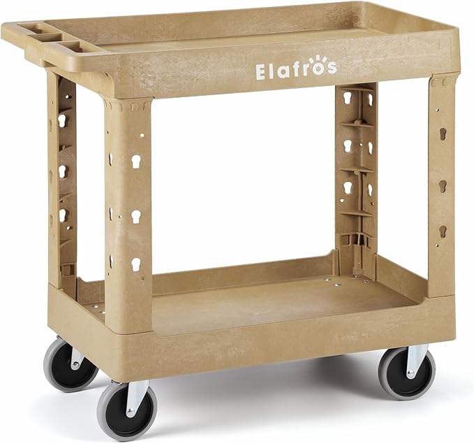 ELAFROS Heavy Duty Plastic Utility Cart 34 x 17 Inch - Work Cart Tub Storage W/Deep Shelves and Full Swivel Wheels Safely Holds up to 550 lbs - 2 Tier Service Cart for Warehouse,Garage, Cleaning,Sand