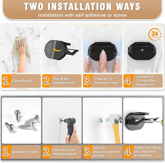 48 Pack Adhesive Hat Hooks for Wall, Super Strong Hat Rack for Baseball Caps, Hat Organizer Display for Home Decor, Hat Hangers Holder for Wall, Door, Closet, No Drilling - USA Patented (Black)