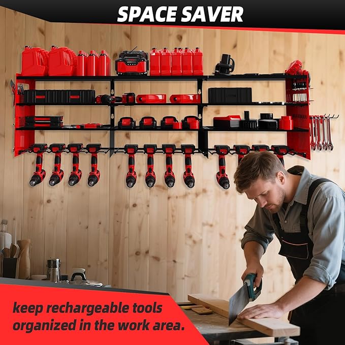 Power Tool Organizer Wall Mount with 12-Drill Holders-800Lbs Load Heavy Duty Metal 4-Layers Garage Storage and Organization Adjustable Battery Tools Rack Utility Racks Gifts for Men
