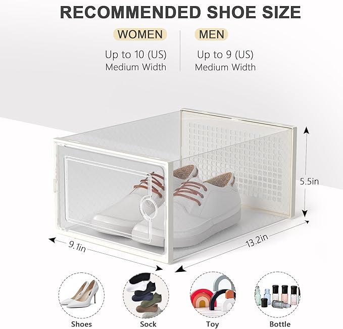 Kuject Large Shoe Organizers Storage Boxes for Closet, 12 Pack Clear Plastic Stackable Storage Bins with Lids, Under Bed Shoe Containers for Entryway, Fit up to Women's Size 10,Black,Off-white