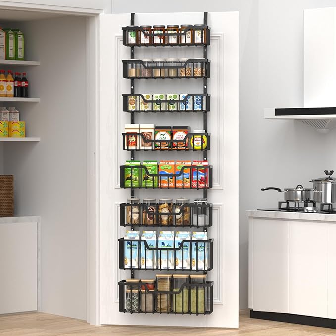 Over The Door Pantry Organizer, 8-Tier Pantry Door Organizer Shelves | 3 Sizes | Adjustable Basket | Metal Hanging Spice Rack for Kitchen, Pantry, Cabinet, Back of Door Seasoning Rack, Black