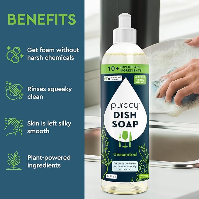 Puracy Natural Dish Soap Packs- Unscented Skin-Softening Plant-Based Dishwashing Soap, Non-Toxic Dish Soap, Fragance Free Organic Liquid Dishwashing Detergent Soap (Unscented, 16 fl oz, 3 Pack)