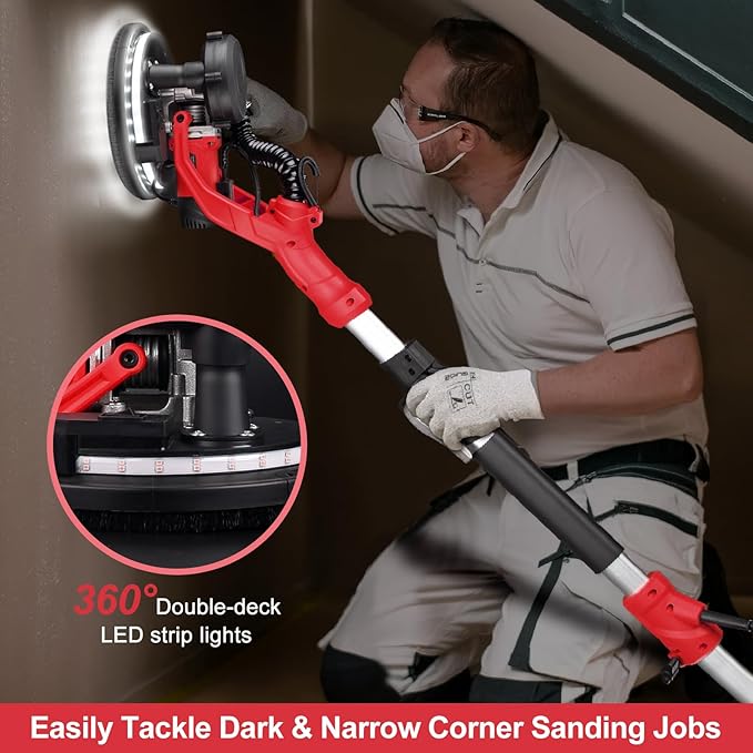 Drywall Sander, 1000W Popcorn Ceiling Removal Tool, Foldable Automatic Drywall Sander with Vacuum Dust Collection, LED Light, 6 Variable Speed 800-2200RPM,15Pcs Sanding Discs (Red）