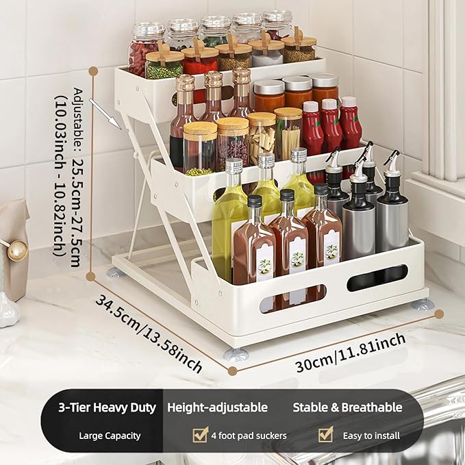 Bokelai Spice Rack 3 Tier Foldable Seasoning Organizer Jars Storage Holder Step Shelf for Cabinet Kitchen Countertop Pantry Coffee Bar White